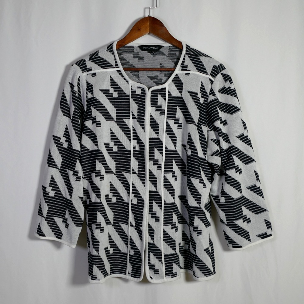 Ming Wang Black and White Geometric Open-Front Cardigan